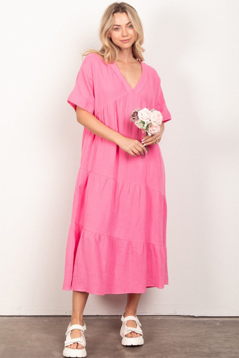 Frayed Detail Soft Crinkle Gauze Midi Dress