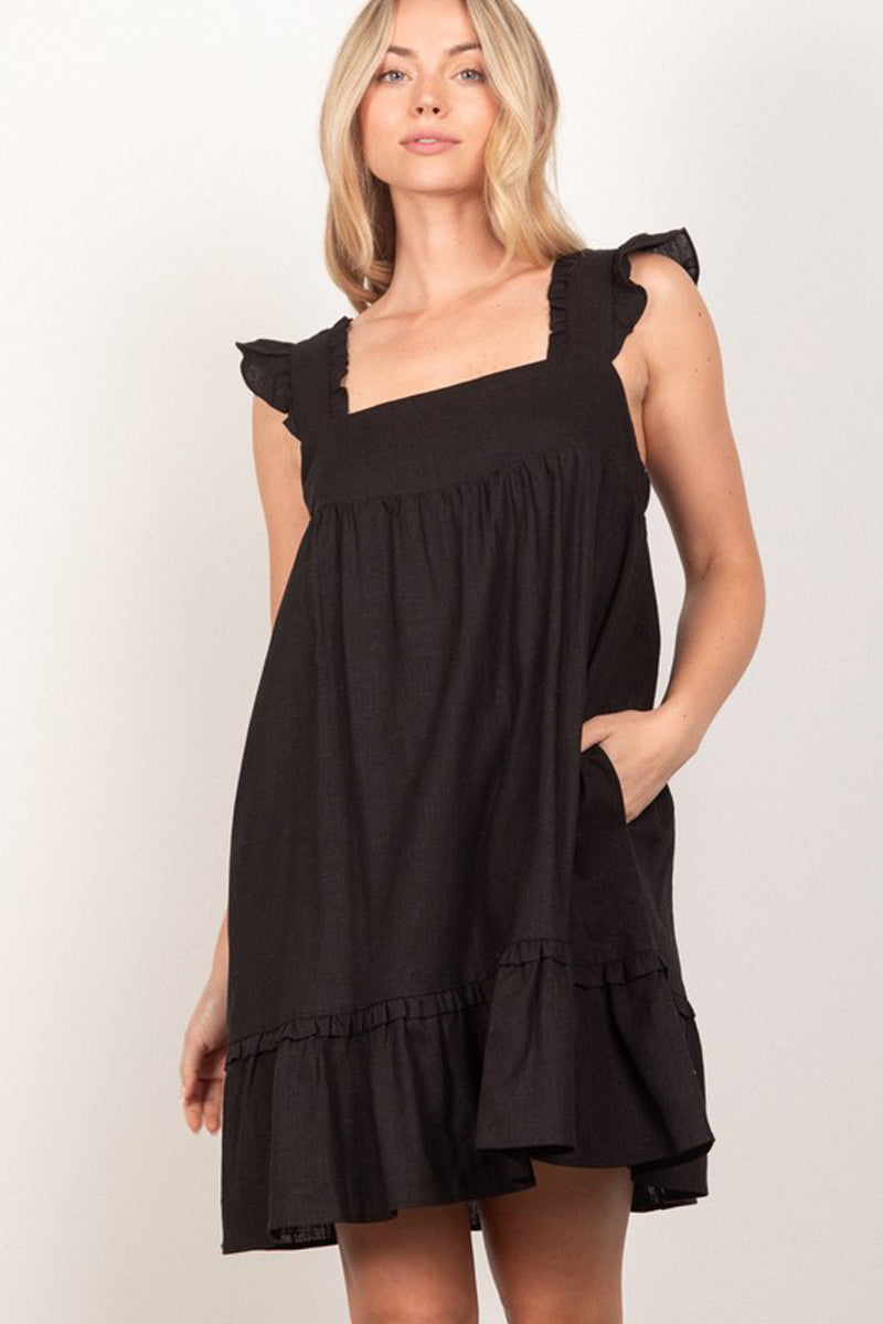 Ruffled Solid Linen Backless Mini Dress