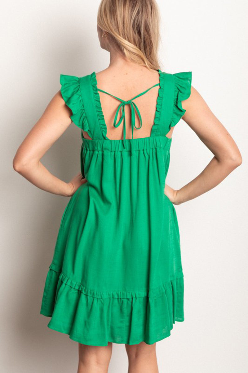 Ruffled Solid Linen Backless Mini Dress