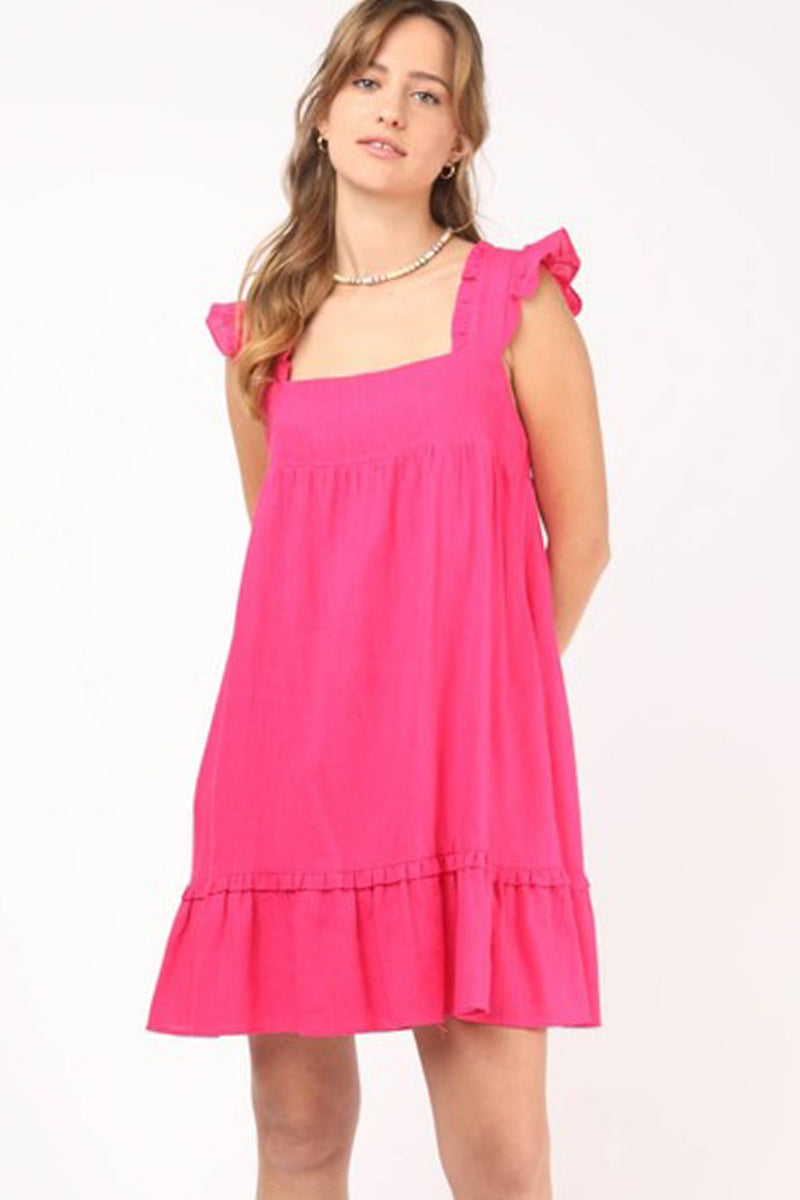 Ruffled Solid Linen Backless Mini Dress