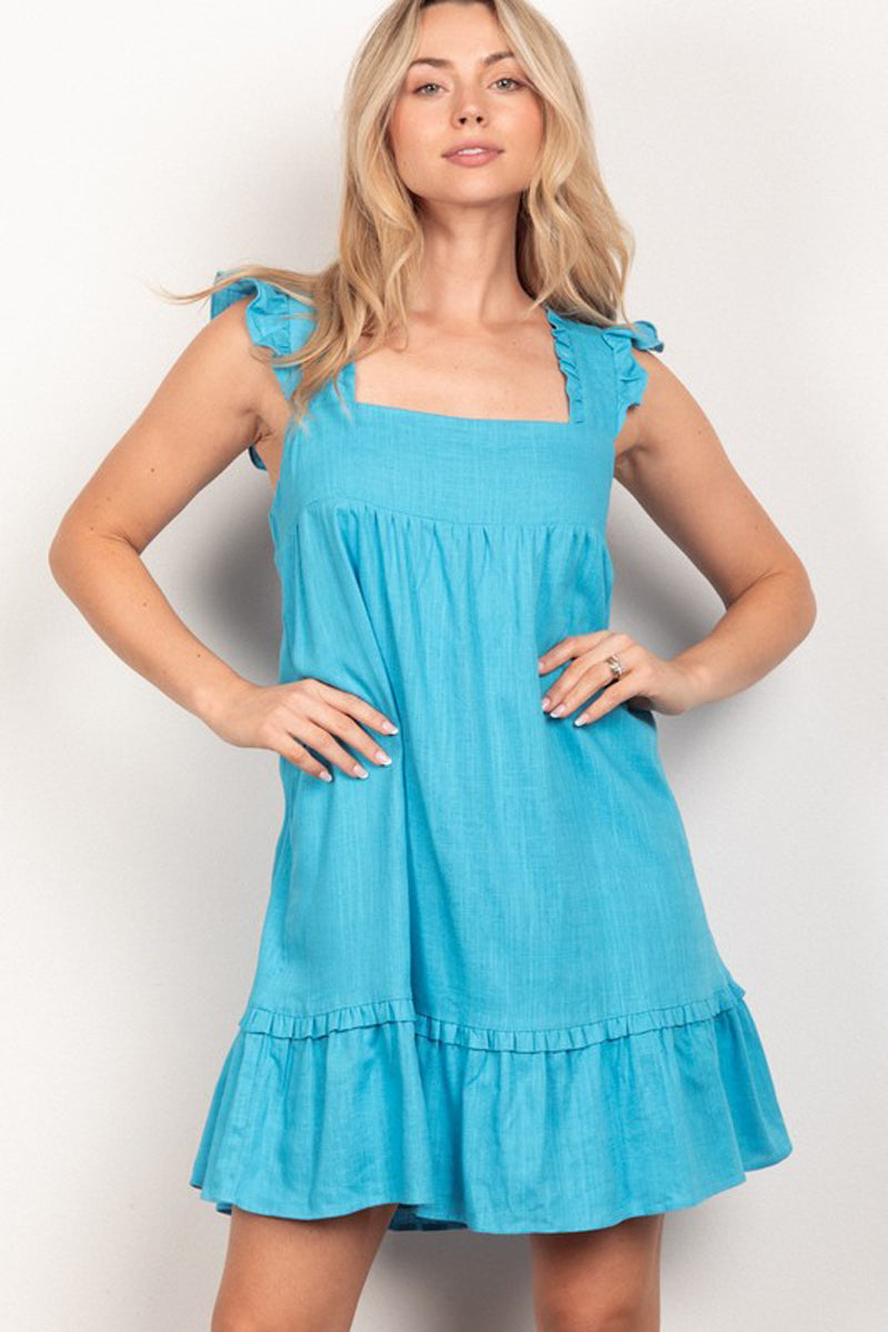 Ruffled Solid Linen Backless Mini Dress