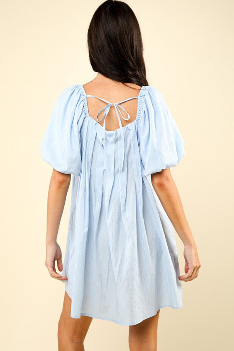 Puff Sleeve Pleated Mini Dress Baby Blue / Large