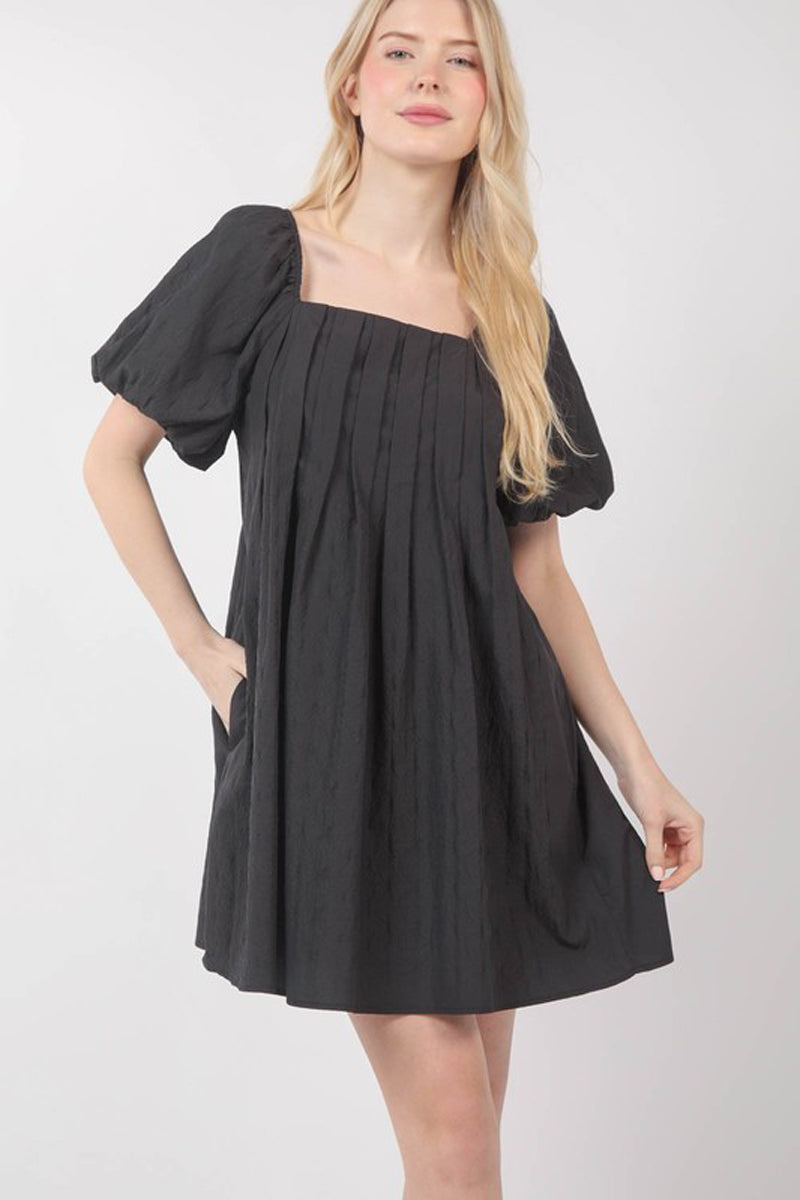 Puff Sleeve Pleated Mini Dress