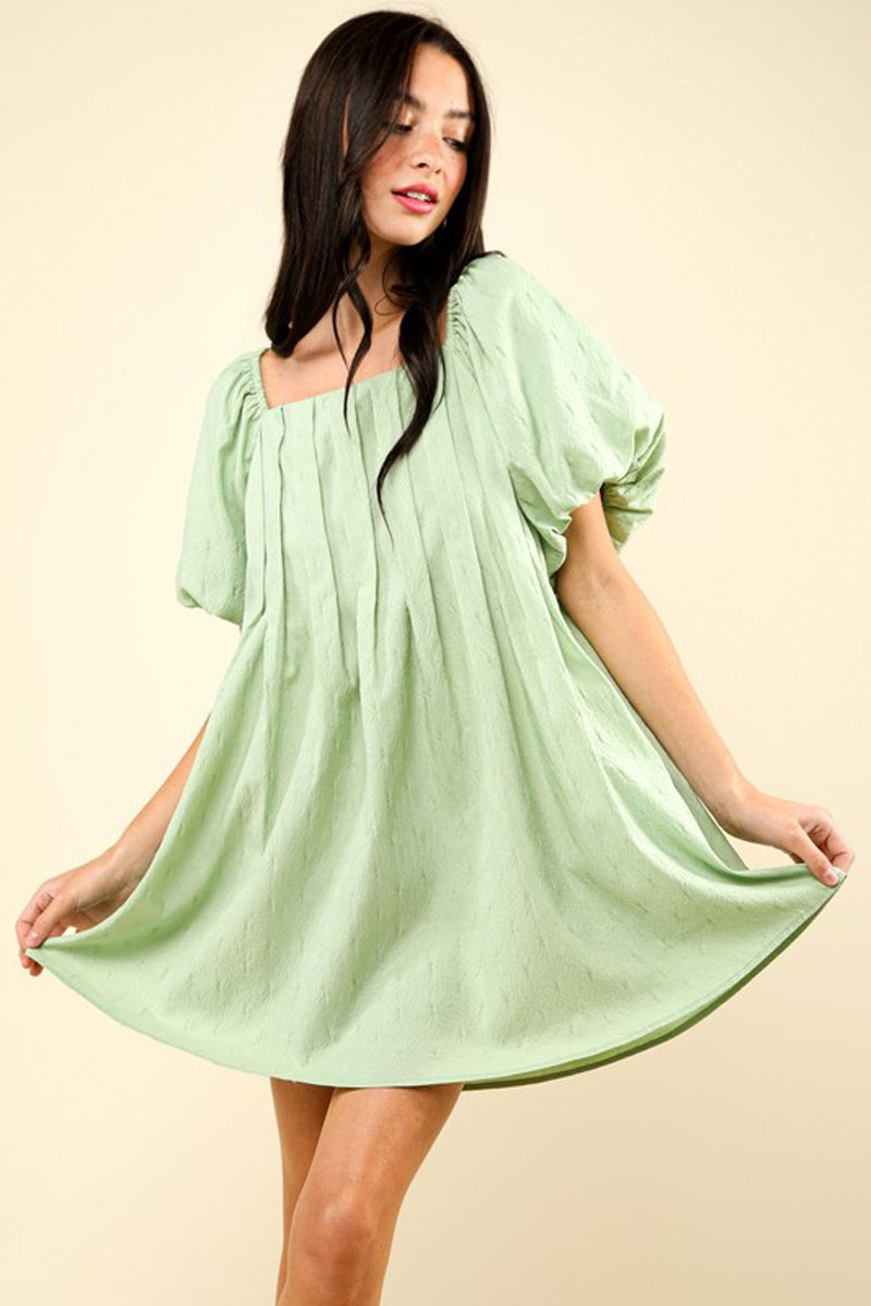 Puff Sleeve Pleated Mini Dress