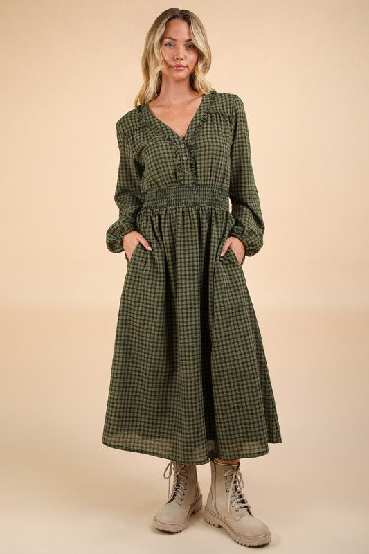 V-Neck Smocking Long Sleeve Plaid Midi Dress