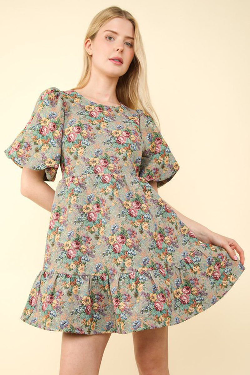 Floral Jacquard Fabric Holiday Mini Dress