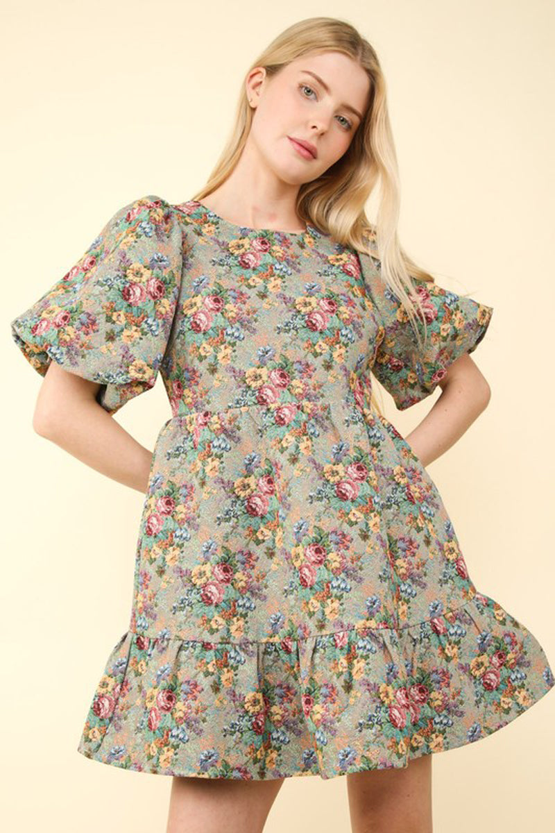 hendry floral mini dress in vintage floral Floral Jacquard Fabric Holiday Mini Dress Floral Brown / Large