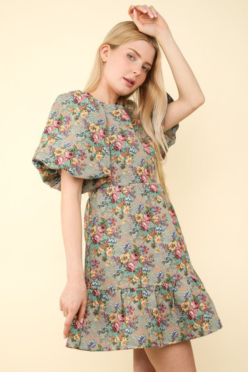 Floral Jacquard Fabric Holiday Mini Dress Choco / L Floral Jacquard Fabric Holiday Mini Dress Choco / L