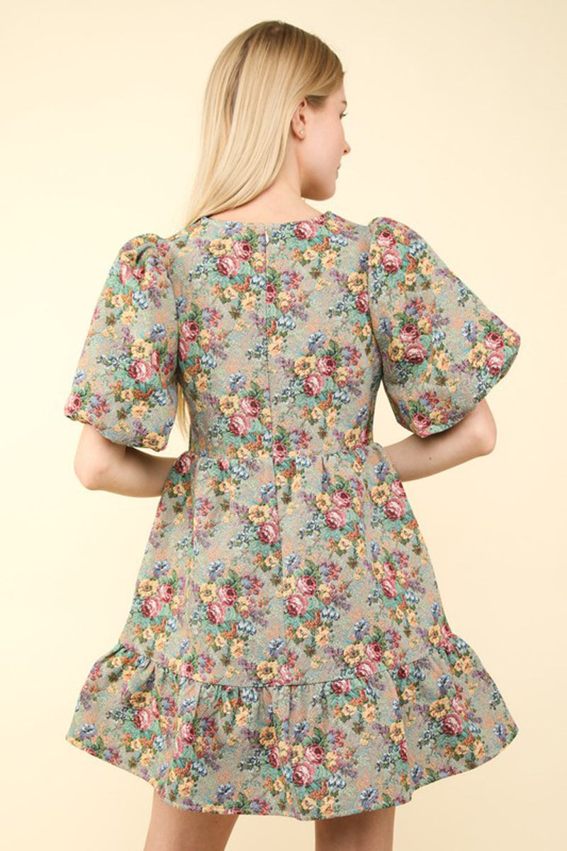 Floral Jacquard Fabric Holiday Mini Dress