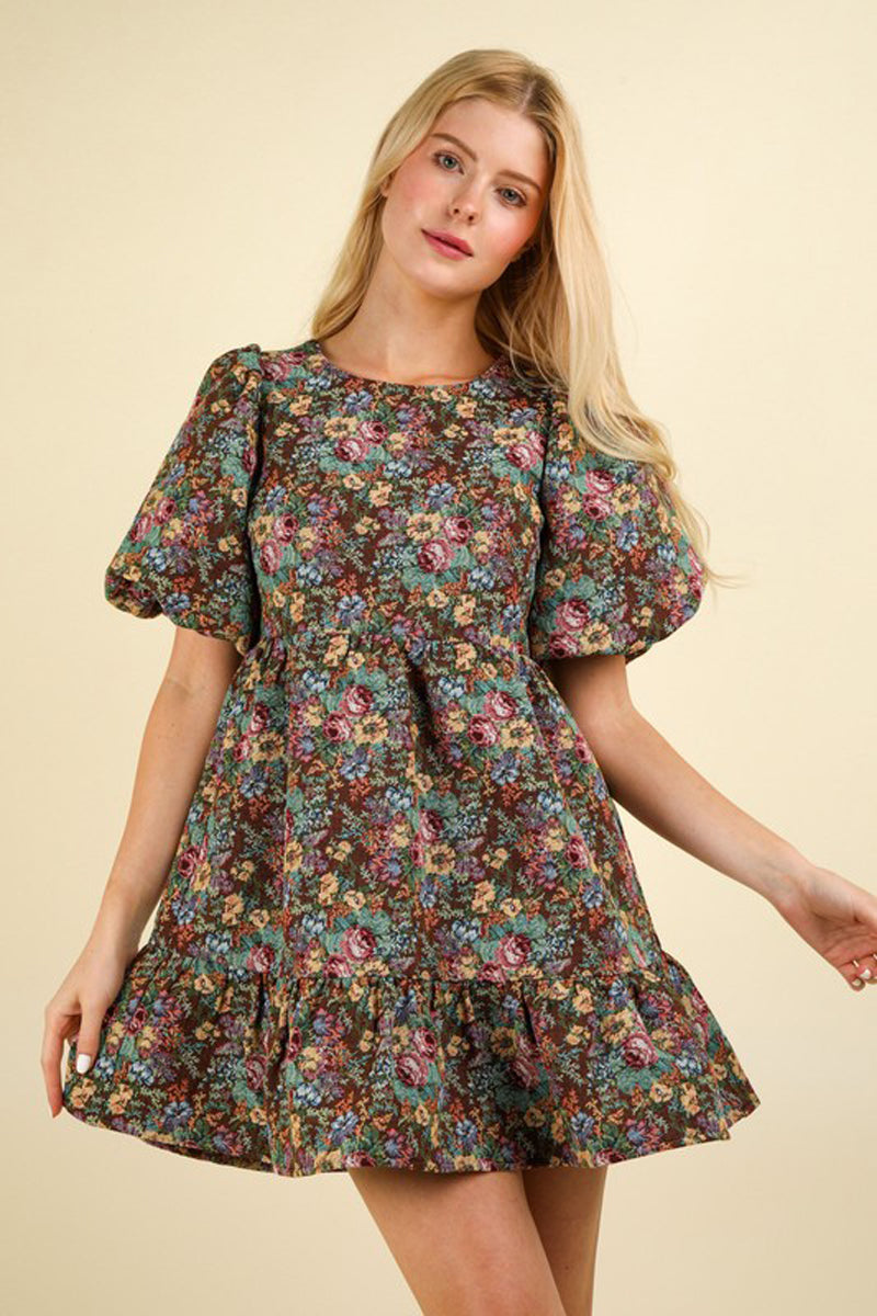 Floral Jacquard Fabric Holiday Mini Dress Choco / L Floral Jacquard Fabric Holiday Mini Dress Choco / L