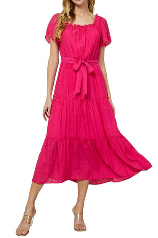 Frill Hem Flutter Sleeve Ruffle Tiered Maxi Easygoing Loose Flowy Dress with Tie