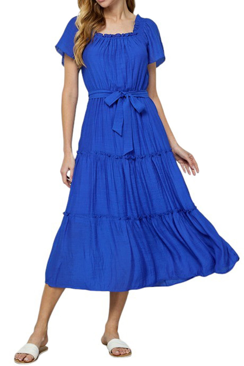 Frill Hem Flutter Sleeve Ruffle Tiered Maxi Easygoing Loose Flowy Dress with Tie