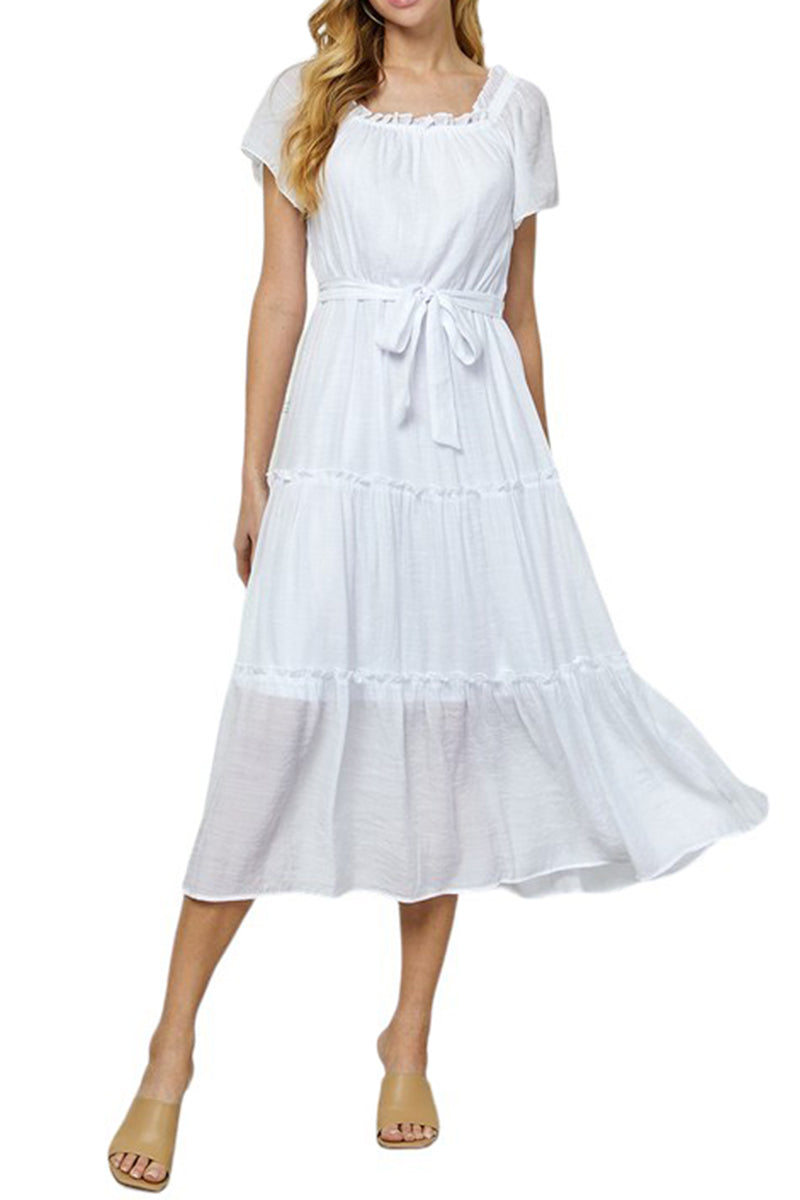 Frill Hem Flutter Sleeve Ruffle Tiered Maxi Easygoing Loose Flowy Dress with Tie