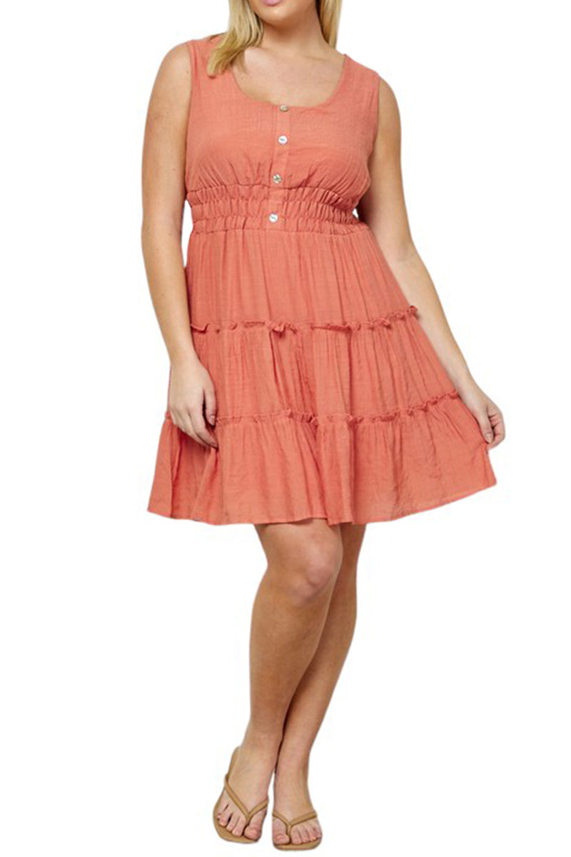 Sleeveless Tiered Smocked Ruffle Mini Dress with Buttons Plus Size