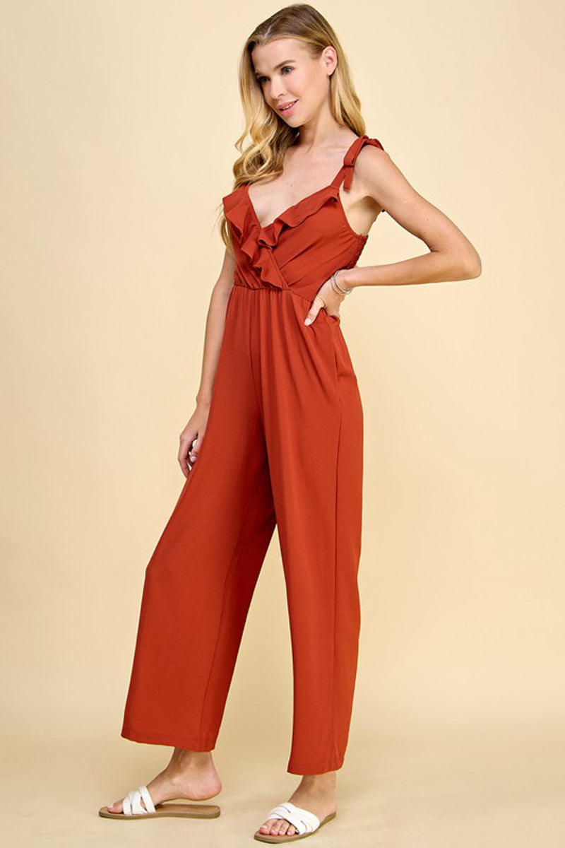 Flowy Wrap Ruffle V-Neck Sleeveless Jumpsuit with Tie Shoulder Pockets