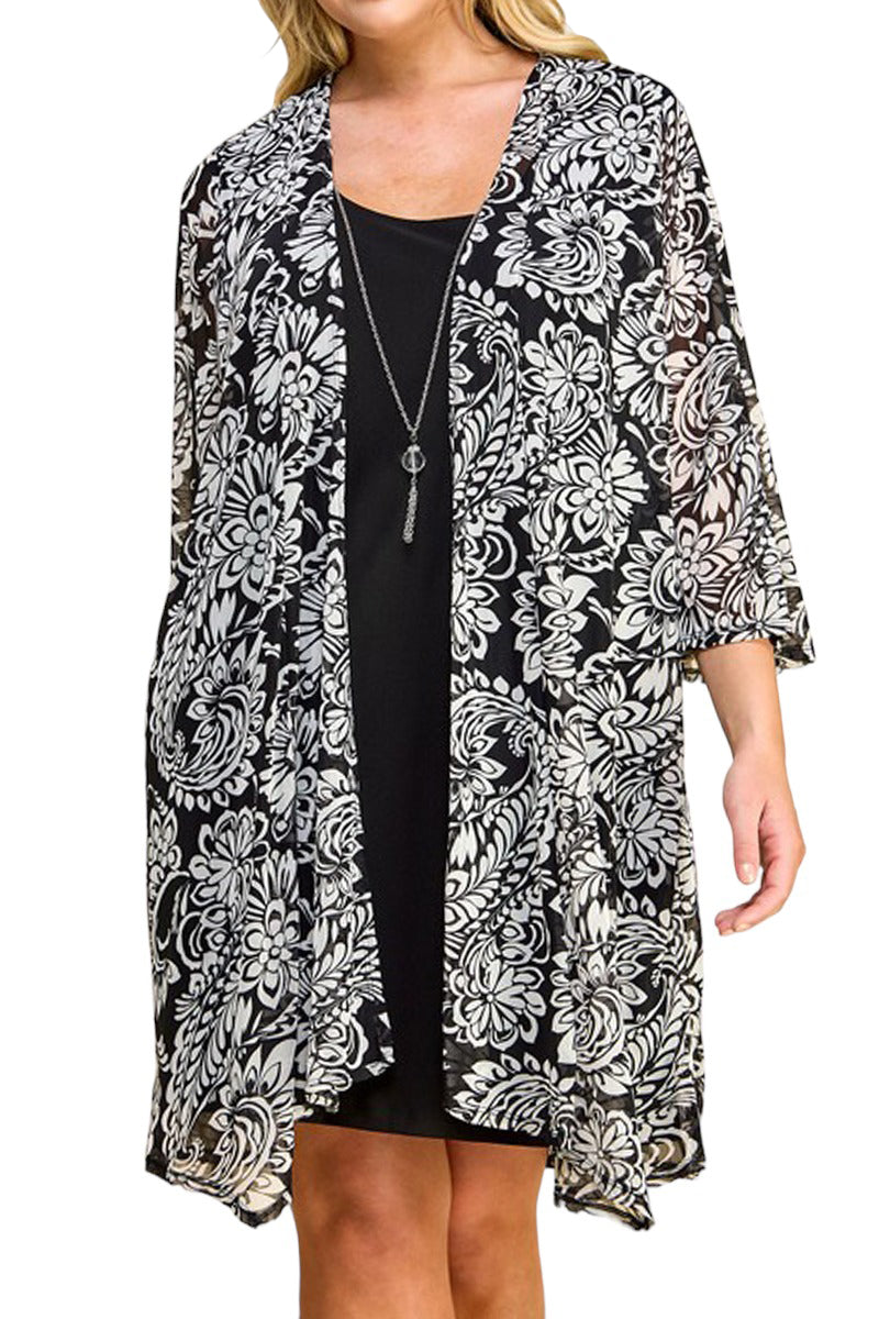 Print Cardigan with Solid Sheath Dress Plus Size One Piece