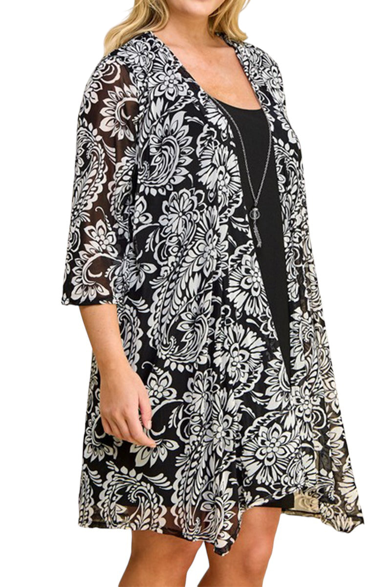 Print Cardigan with Solid Sheath Dress Plus Size One Piece