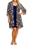 Print Cardigan with Solid Sheath Dress Plus Size One Piece