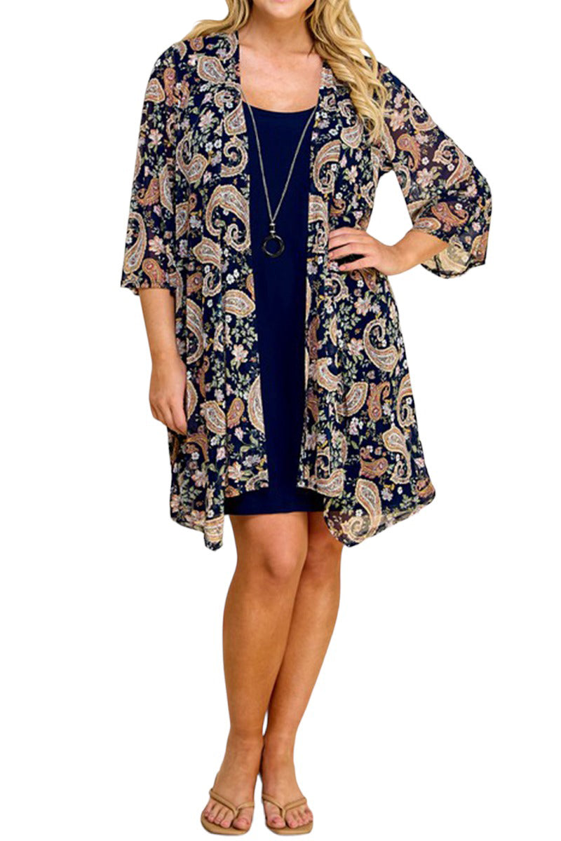 Print Cardigan with Solid Sheath Dress Plus Size One Piece