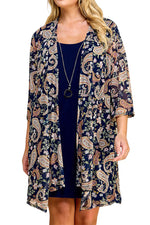 Print Cardigan with Solid Sheath Dress Plus Size One Piece