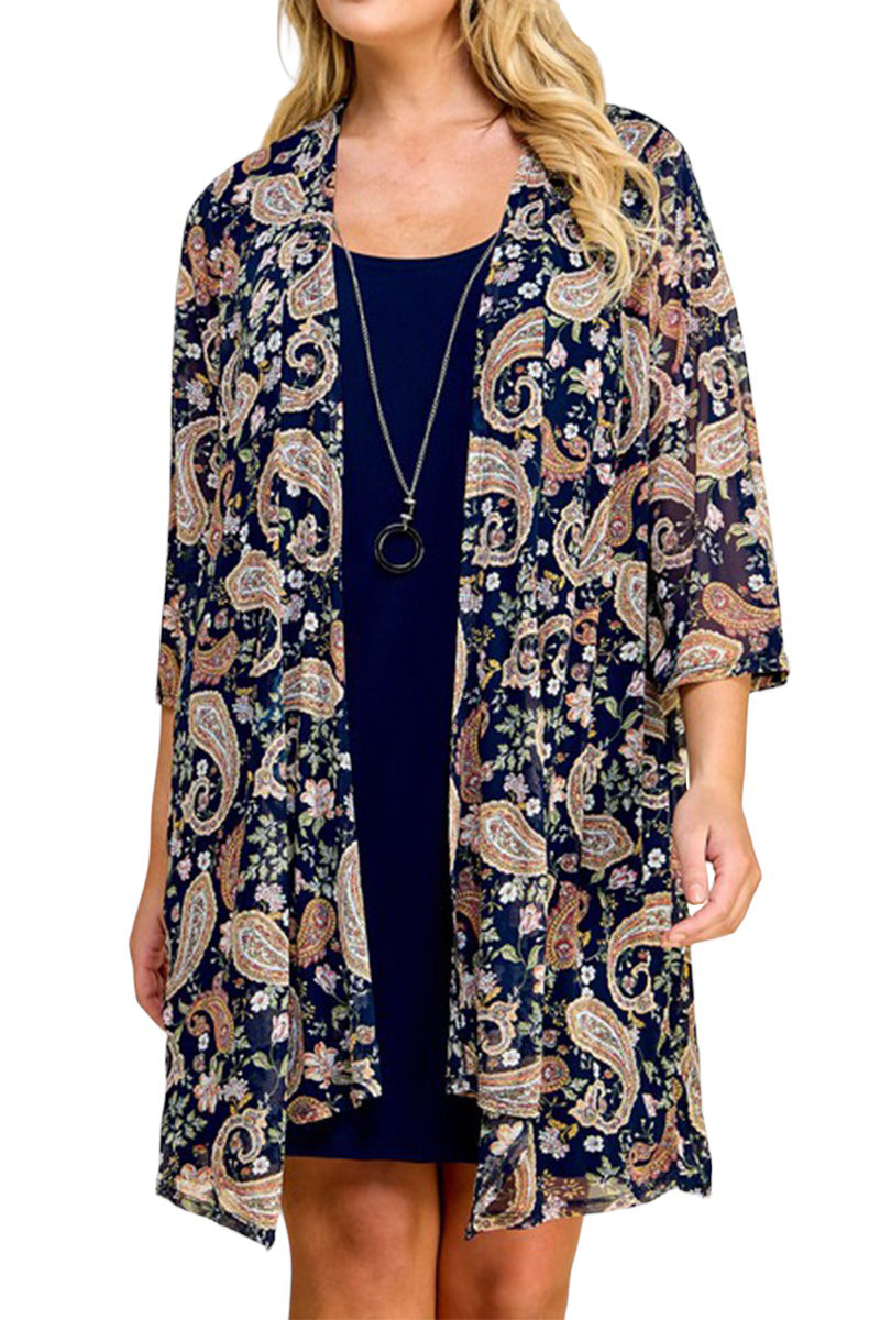 Print Cardigan with Solid Sheath Dress Plus Size One Piece