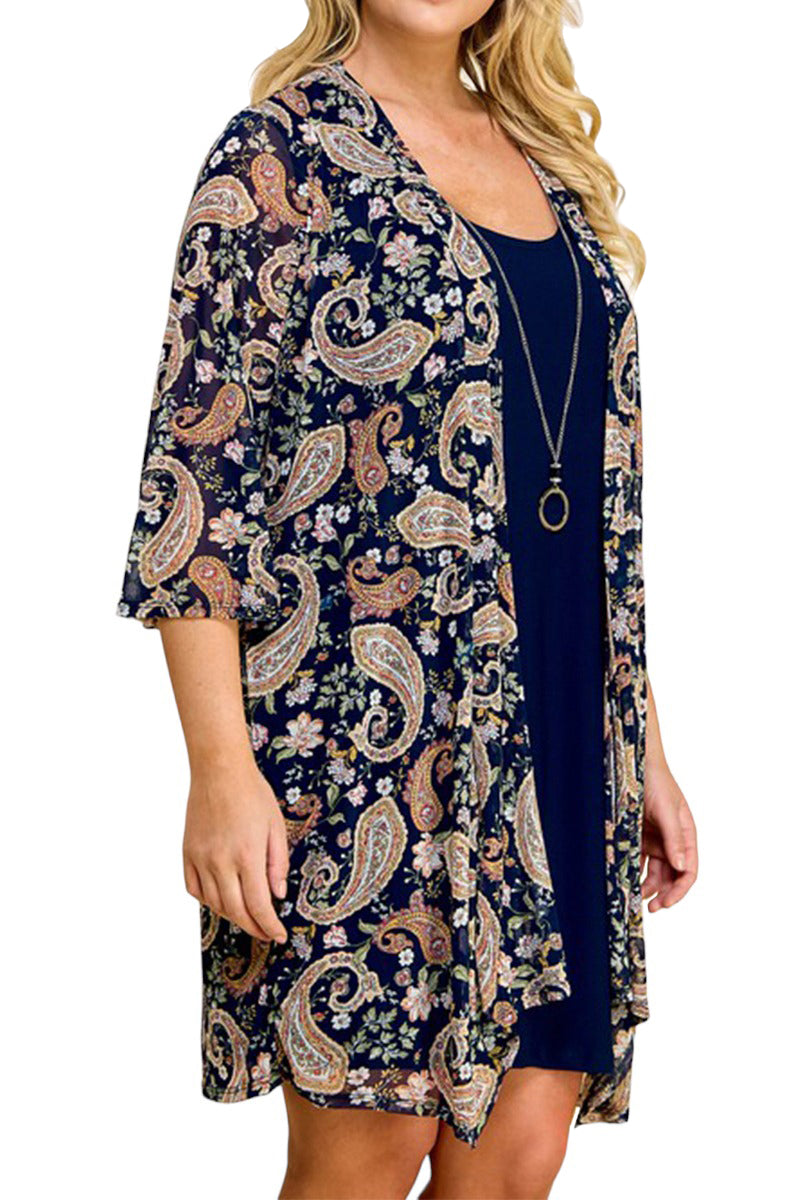 Print Cardigan with Solid Sheath Dress Plus Size One Piece