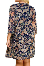 Print Cardigan with Solid Sheath Dress Plus Size One Piece