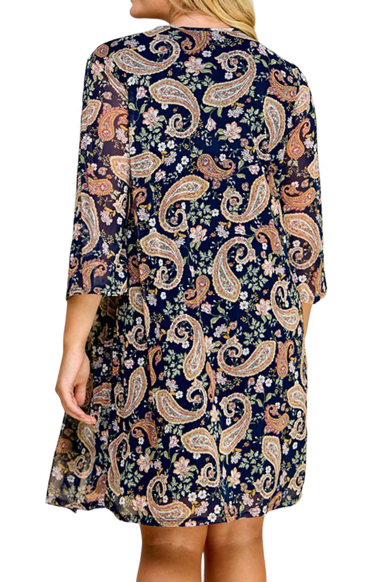 Print Cardigan with Solid Sheath Dress Plus Size One Piece