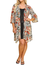 Print Cardigan with Solid Sheath Dress Plus Size One Piece