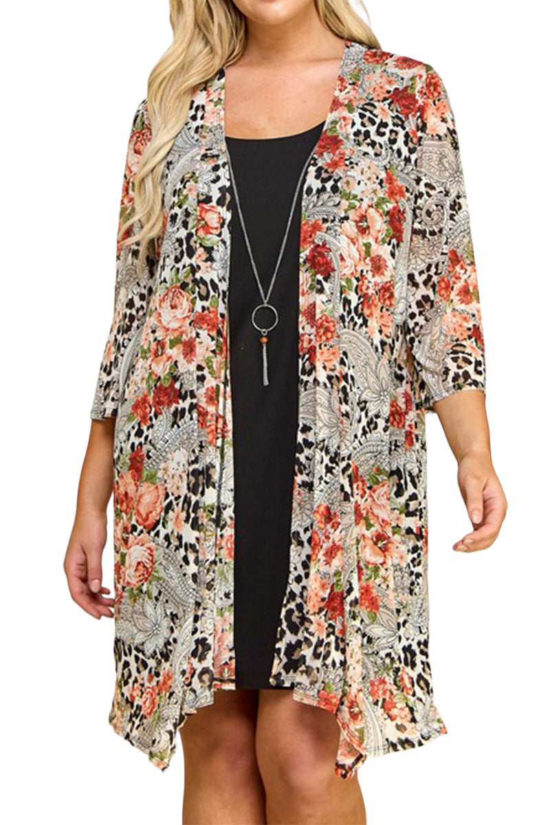 Print Cardigan with Solid Sheath Dress Plus Size One Piece