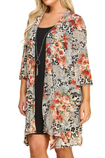 Print Cardigan with Solid Sheath Dress Plus Size One Piece