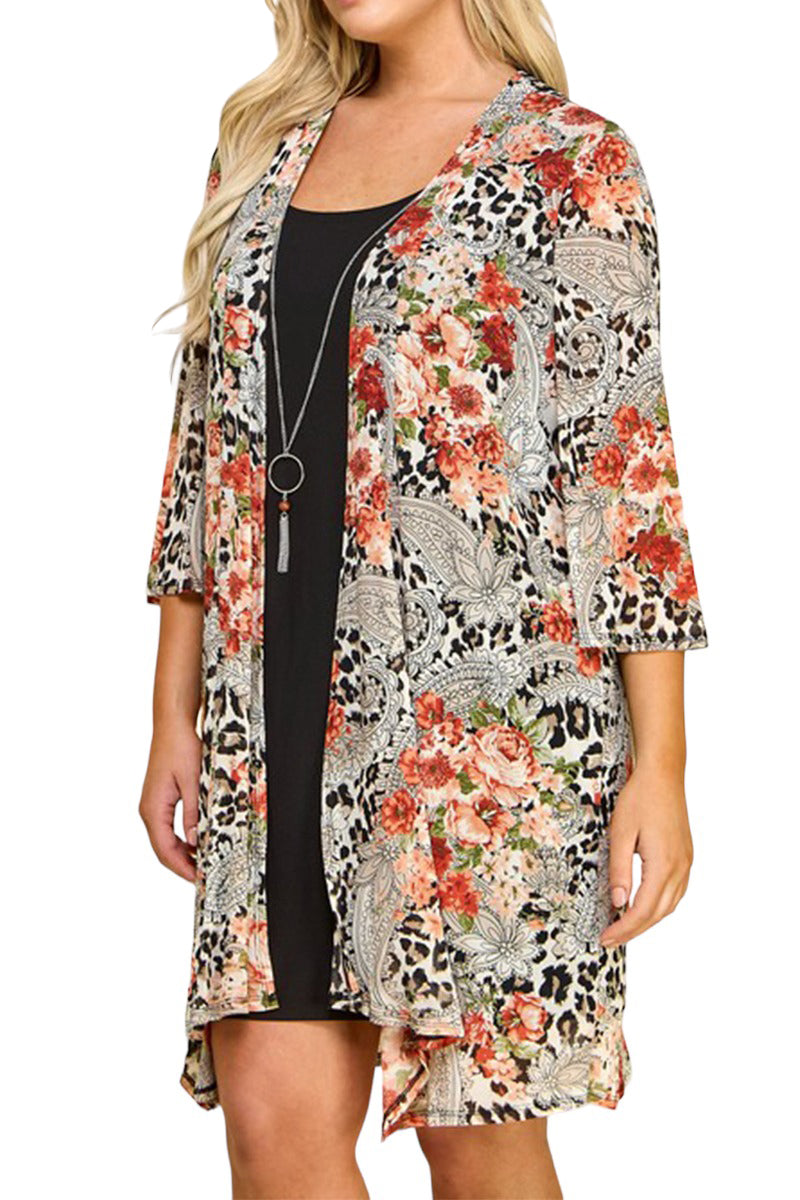 Print Cardigan with Solid Sheath Dress Plus Size One Piece