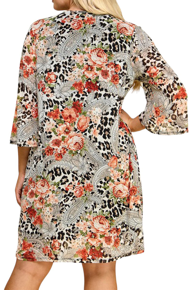 Print Cardigan with Solid Sheath Dress Plus Size One Piece