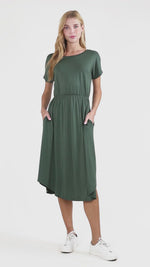 Short Sleeve Flare Midi Dress with Pockets Solid