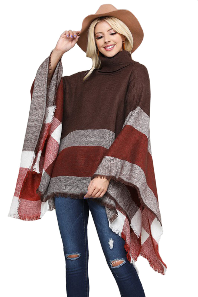 Turtleneck Fringed Hem Poncho One Size