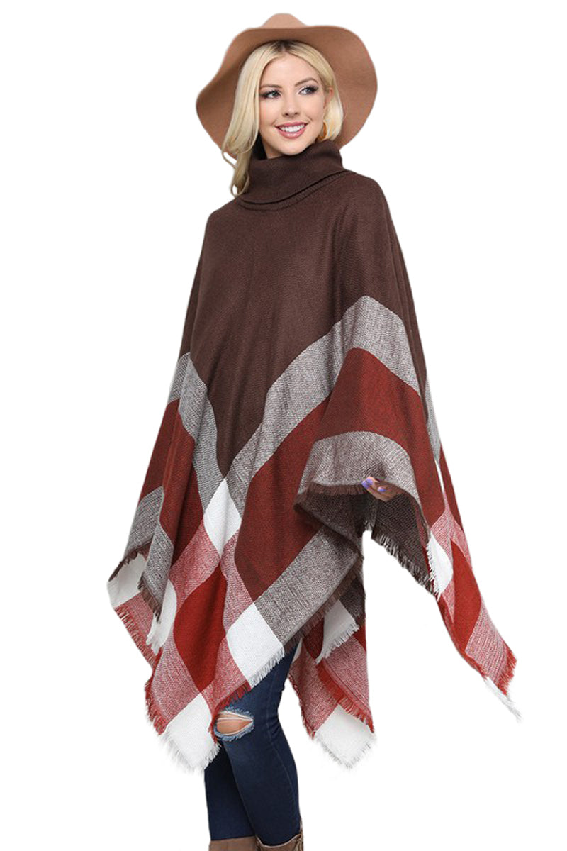 Turtleneck Fringed Hem Poncho One Size