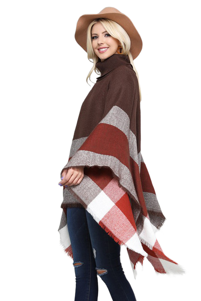 Turtleneck Fringed Hem Poncho One Size