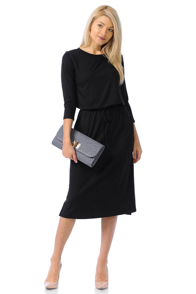 Relaxed Midi Dress with Elastic Waist Solid