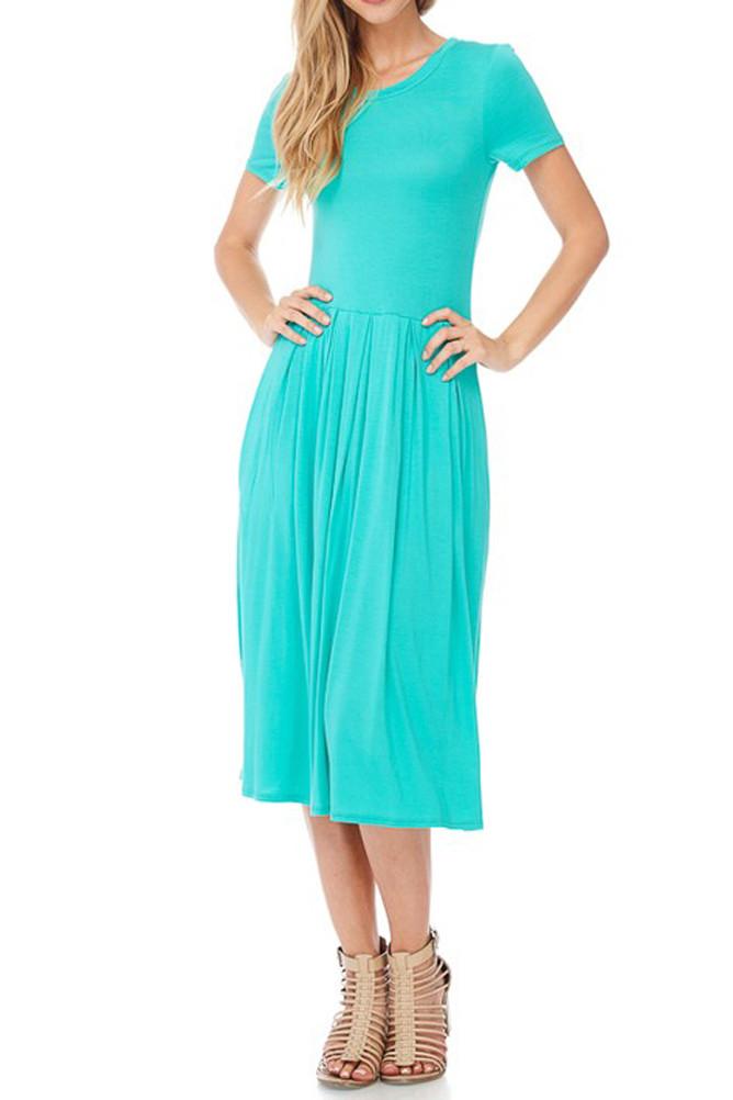 Short Sleeve Pleated Midi Dress with Pockets