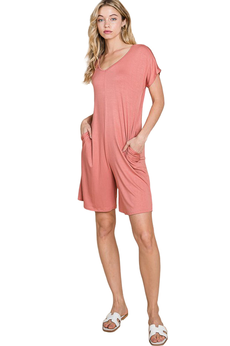 Short Sleeve Romper with Pockets Solid