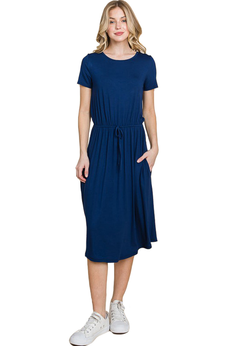 Short Sleeve Drawstring Midi Dress