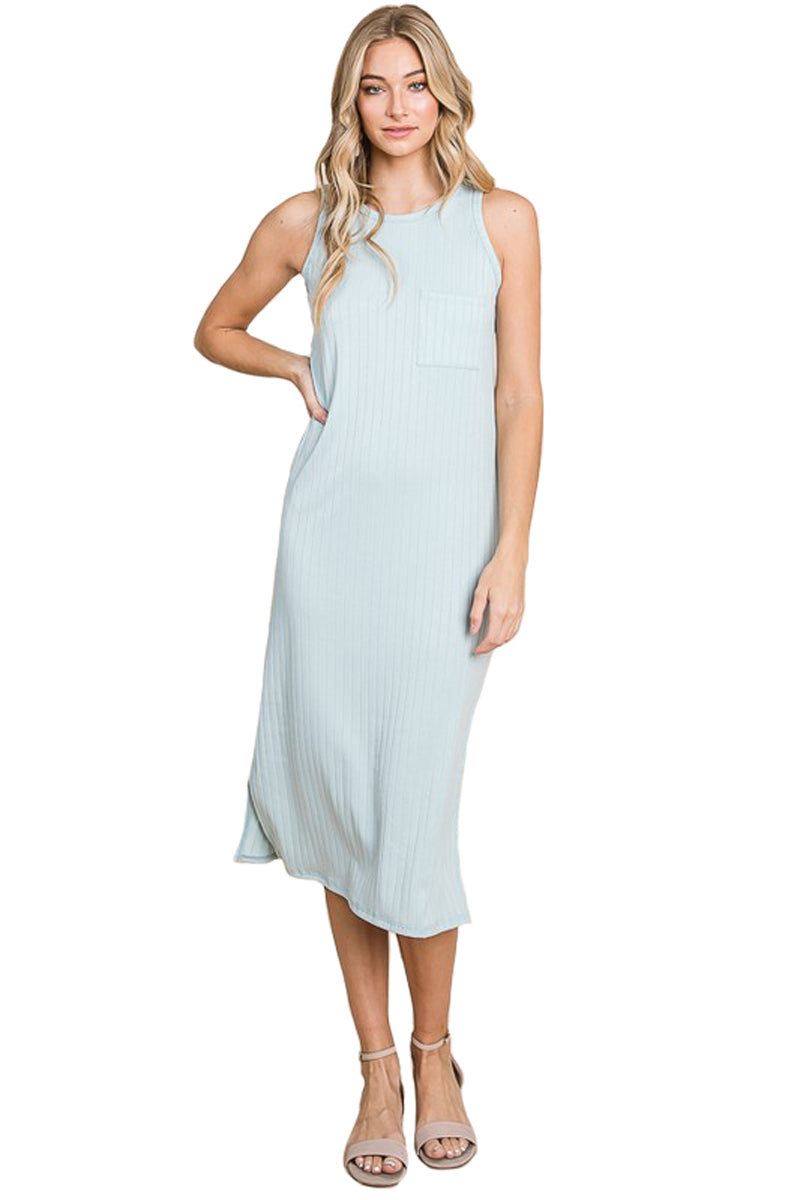Sleeveless Rib Knit Dress with Patched Pocket