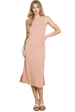 Sleeveless Rib Knit Dress with Patched Pocket