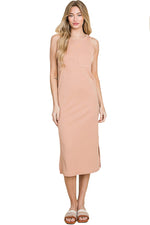 Sleeveless Rib Knit Dress with Patched Pocket