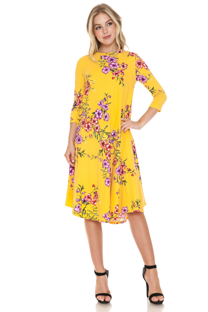 A-Line Swing Trapeze Midi Dress Floral