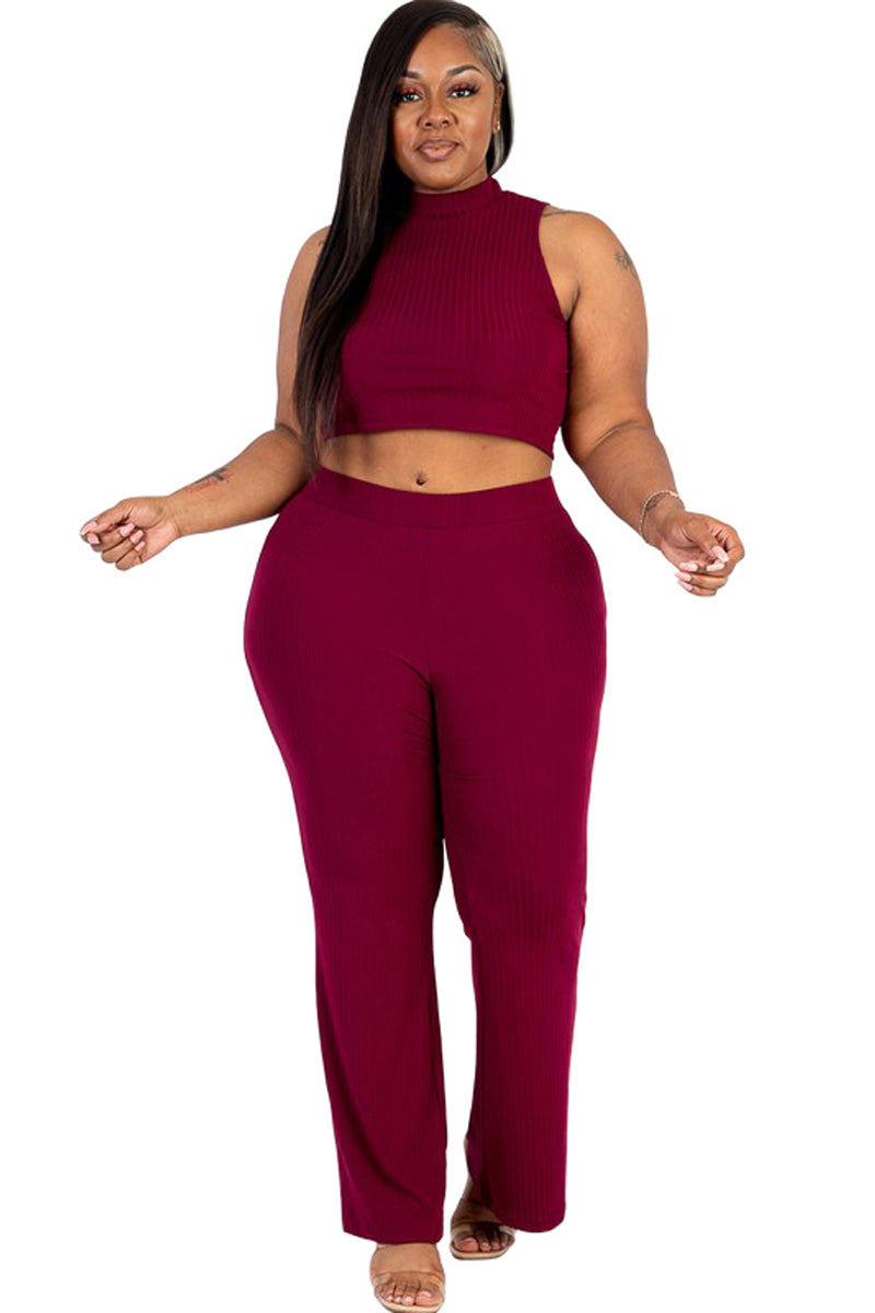 Sleeveless Ribbed Mock Neck Top and Pants Set Plus Size