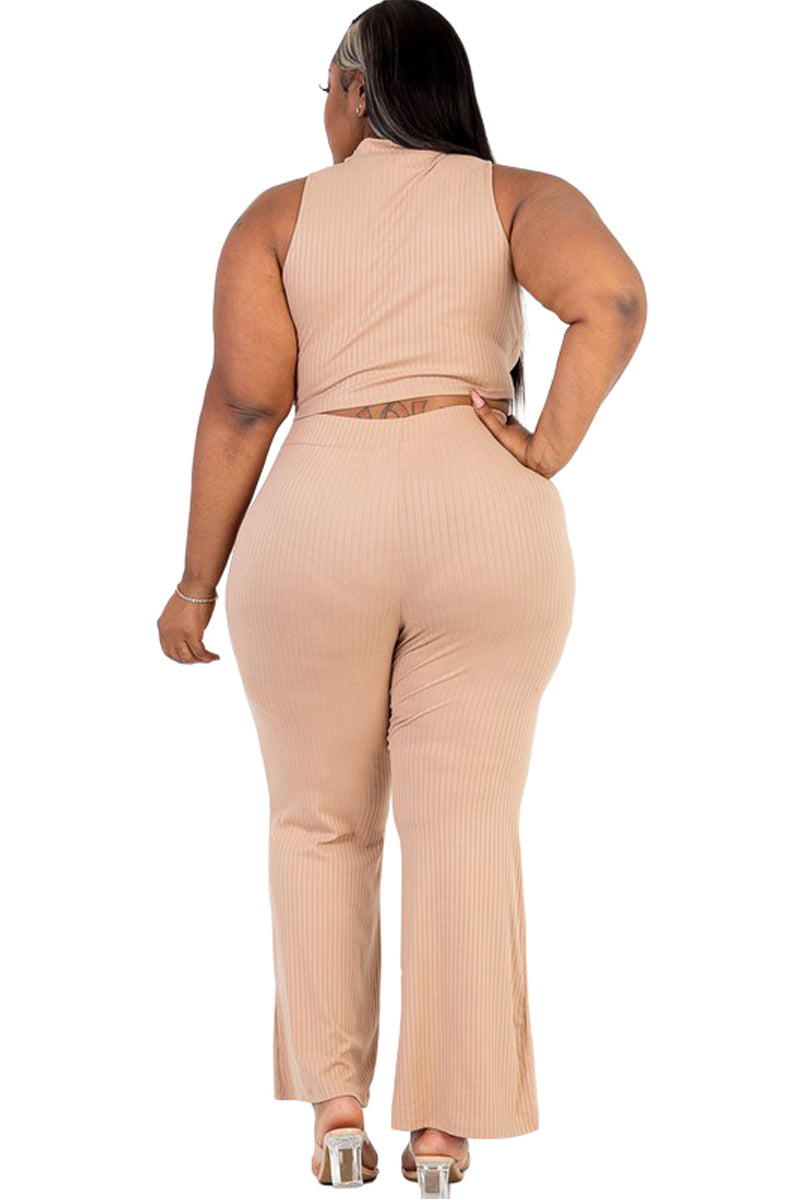 Sleeveless Ribbed Mock Neck Top and Pants Set Plus Size