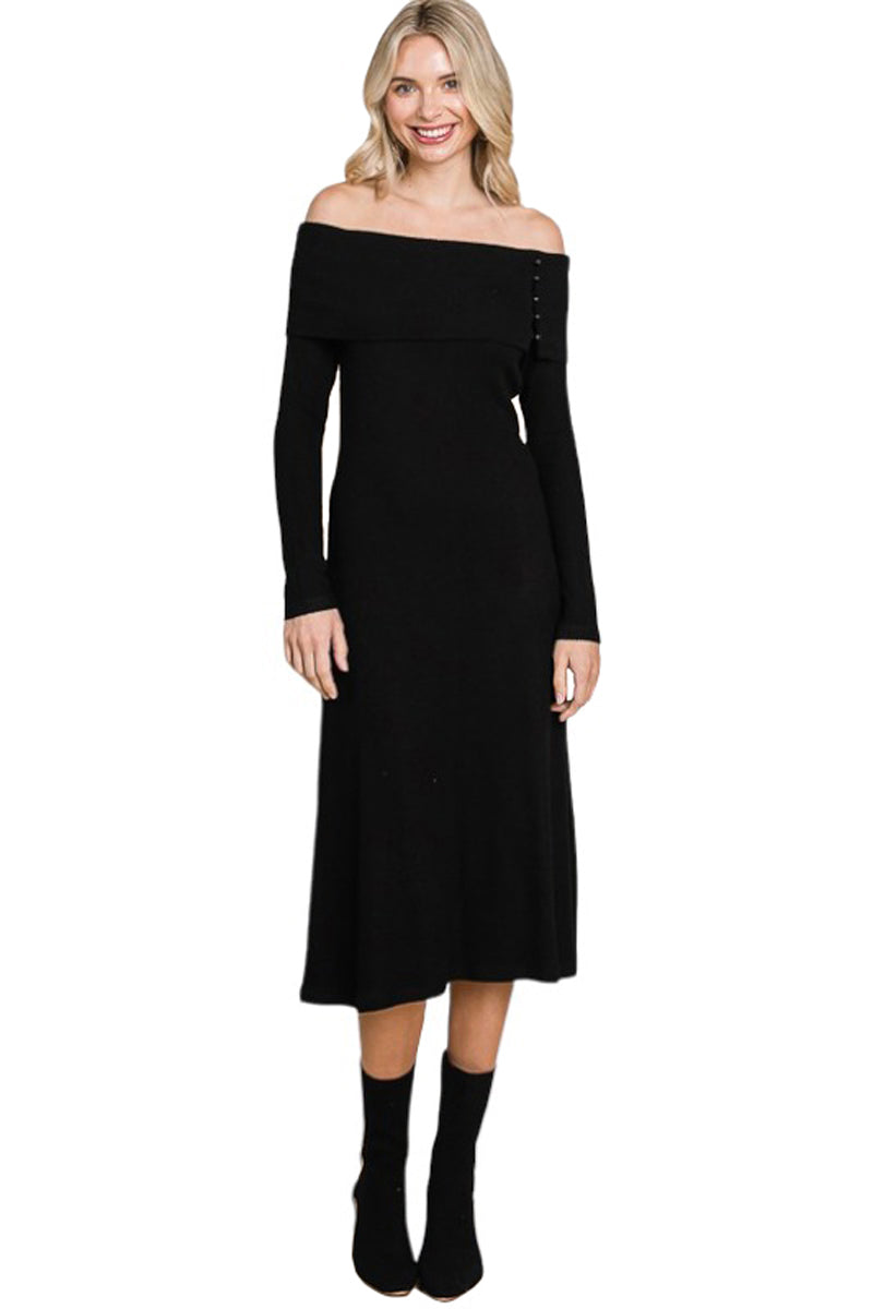 Off Shoulder Button Detail Midi Dress