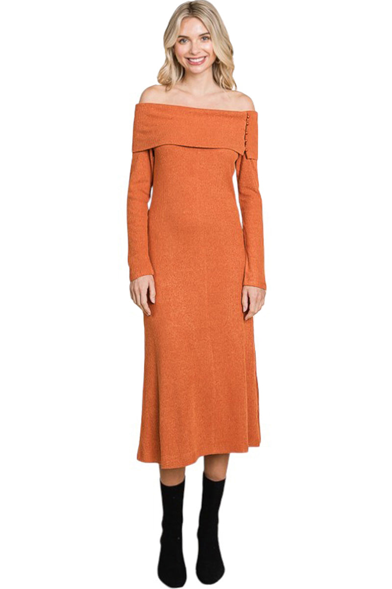 Off Shoulder Button Detail Midi Dress