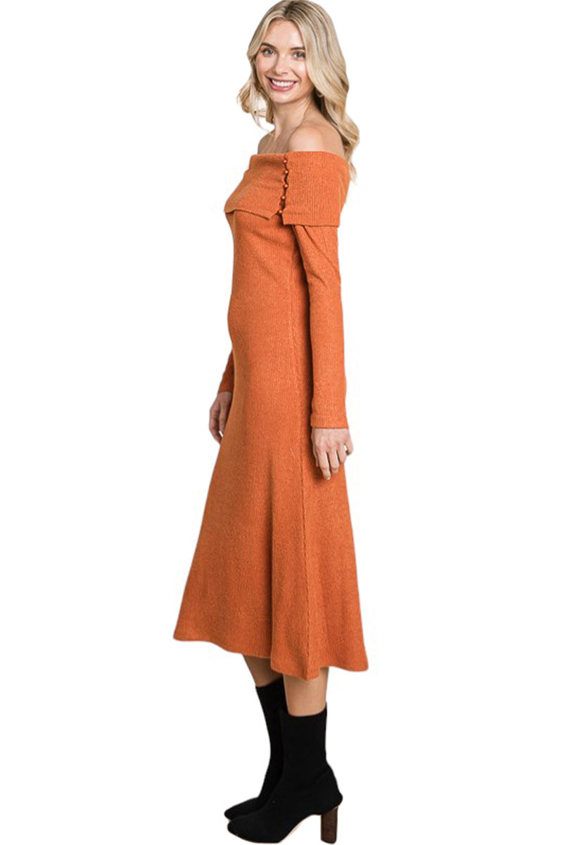 Off Shoulder Button Detail Midi Dress
